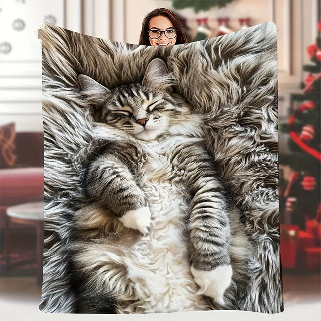 Personalisierte Langhaar-Katzen-Fleece-Decke in Grau, weich und flauschig, B/B: 150 x 230 cm - Bild 1