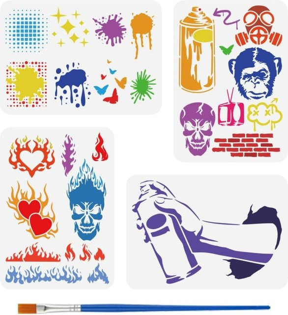 4er-Set Graffiti-Schablonen mit Pinsel, Sprühfarben-Vorlagen mit Totenkopf, Affen, Herz und Flammenmustern, B: 21,1 cm x H: 29,7 cm - Bild 1