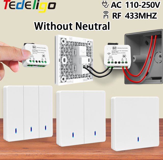 Tedeligo Drahtloser Lichtschalter mit Fernbedienung 433 MHz, Mini Empfänger Modul ohne Neutralleiter für 220 V, Weiß - Bild 1