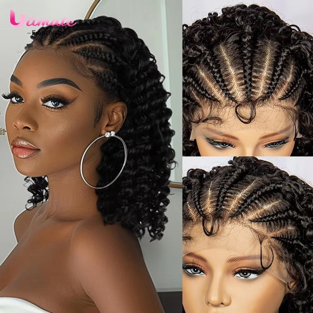 Utimate Deep Wave Kunsthaarperücke, Cornrow geflochtene Lockenperücke, 16 Zoll, Damen - Bild 1