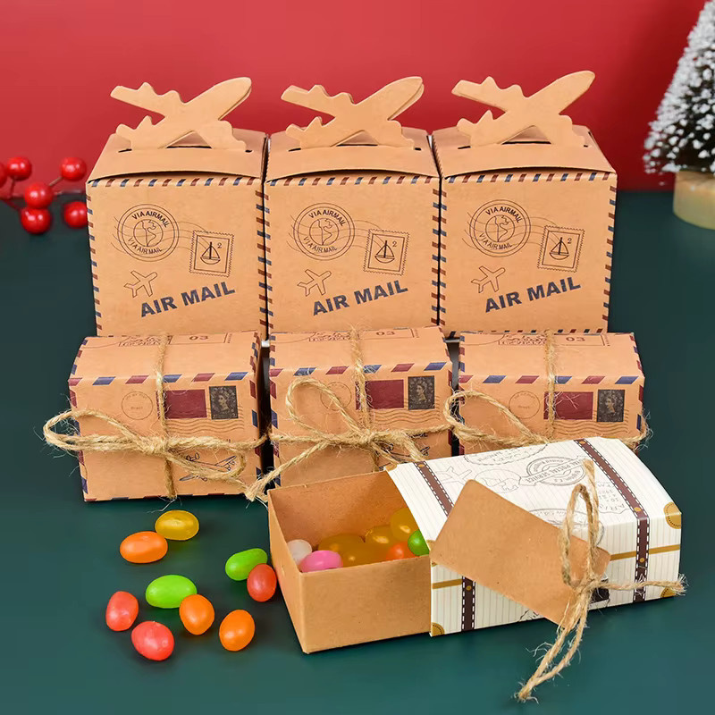 10er Set Mini Koffer Süßigkeiten Boxen aus Kraftpapier in Braun mit Reise-Design und Seil zur Geschenkverpackung für Hochzeiten oder Geburtstage - Bild 2