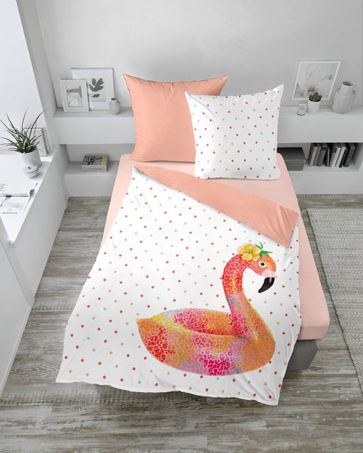 Bettwäsche FLAMINGO von dormisette aus Mako-Satin in Weiß und Pink mit Flamingo-Motiv, bestehend aus Bettbezug und Kissenbezug, B/H: 155 x 220 cm und 80 x 80 cm - Bild 1
