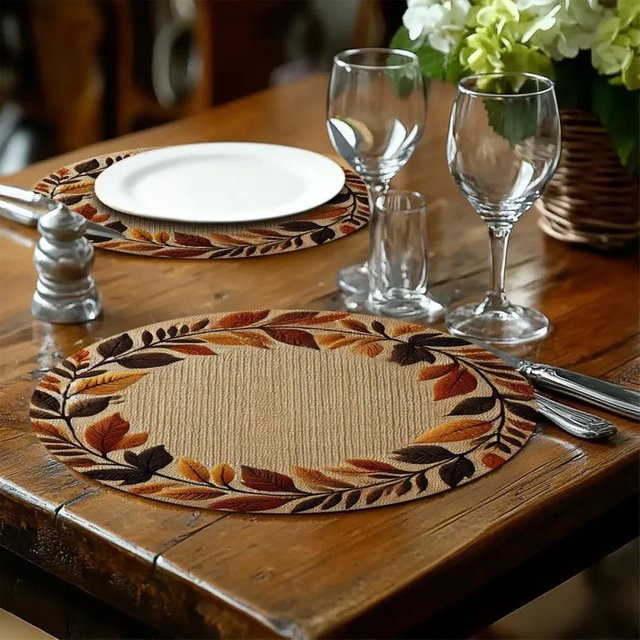 VIKAMA 4-teiliges Herbst-Tischset, rund, beige, rutschfest und hitzebeständig mit floralem Design - Bild 1