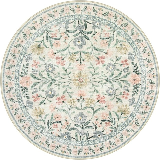 Karpetti Runder Teppich in Rosa Floral mit Böhmischem Stil, Rutschfest und Waschbar, Durchmesser: 80 cm - Bild 1