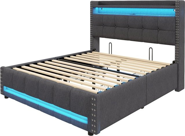 okwish Doppelbett mit LED-Unterbettbeleuchtung, USB-Ladeanschluss und Schubladen in Grau, B/T/H: 140 x 200 x 115 cm - Bild 1