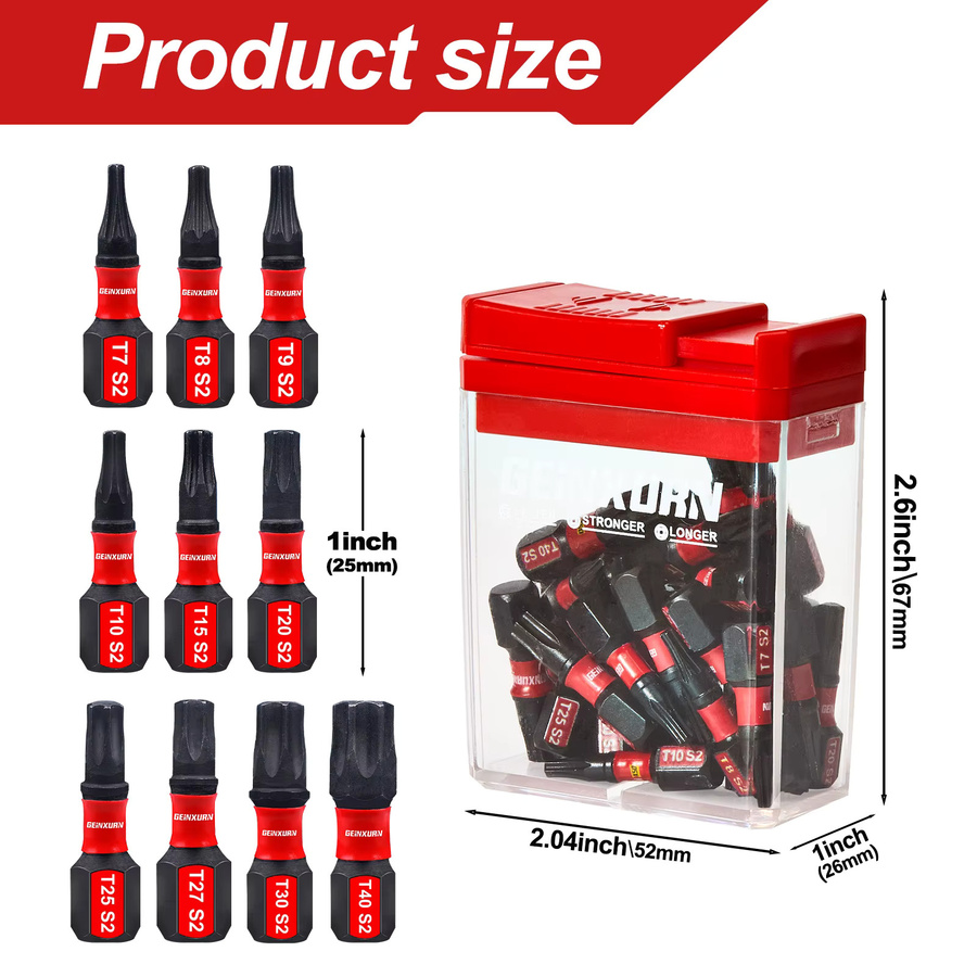 Geinxurn 30-teiliges Schlag-Torx-Schraubendreher-Bit-Set aus S2-Stahl mit Aufbewahrungsbox in Rot (T7-T40) - Bild 2