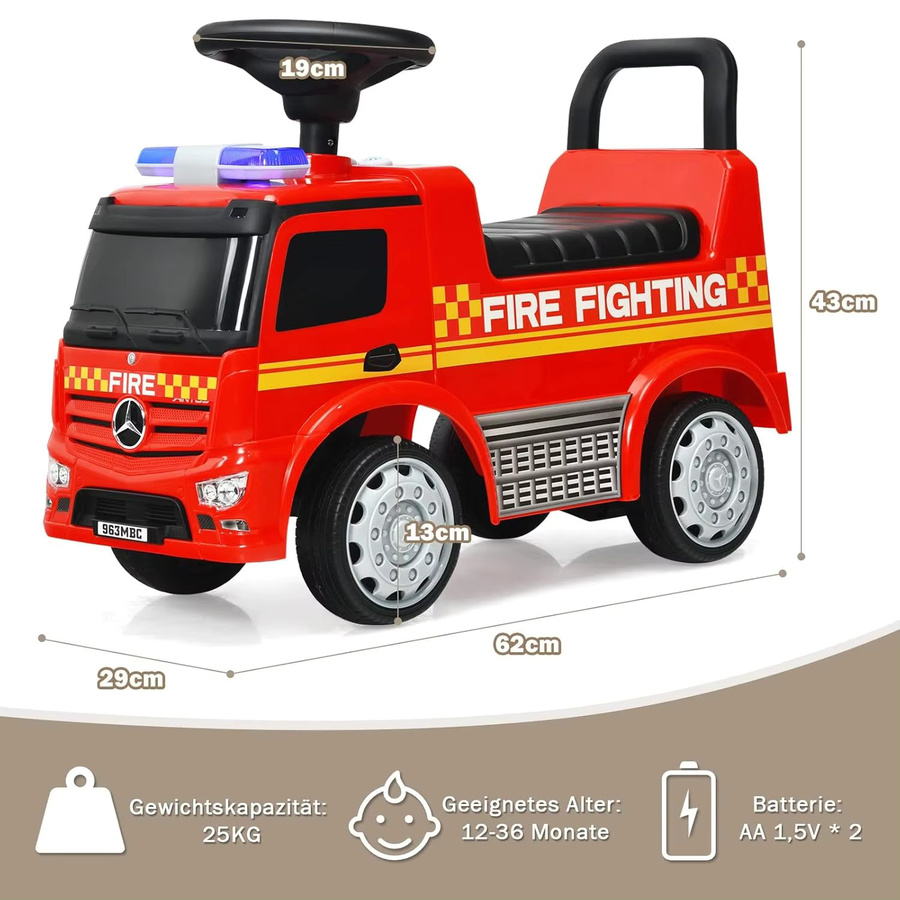 GOFLAME Mercedes Benz Push Car, Kinder-Feuerwehrauto, mit Hupe, Sirene, Pfeife - Bild 4
