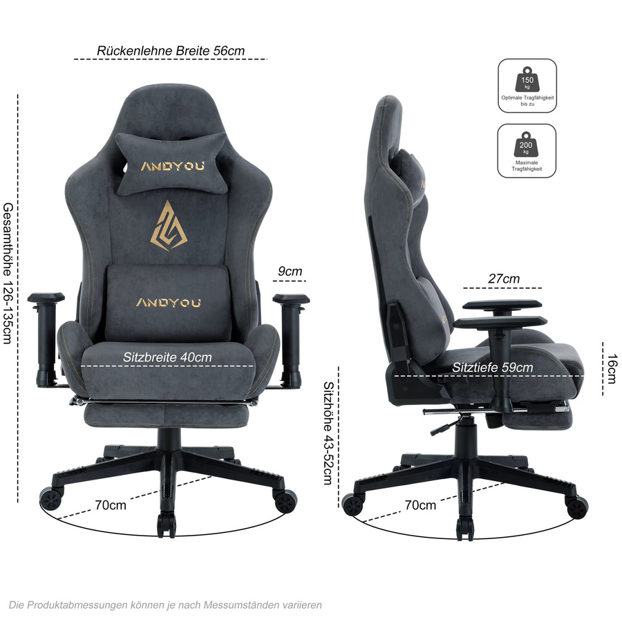 Andyou Gaming Stuhl in Blau mit Kopfstütze, Fußstütze und ergonomischer Lordosestütze für Home-Office und Gaming - Bild 2