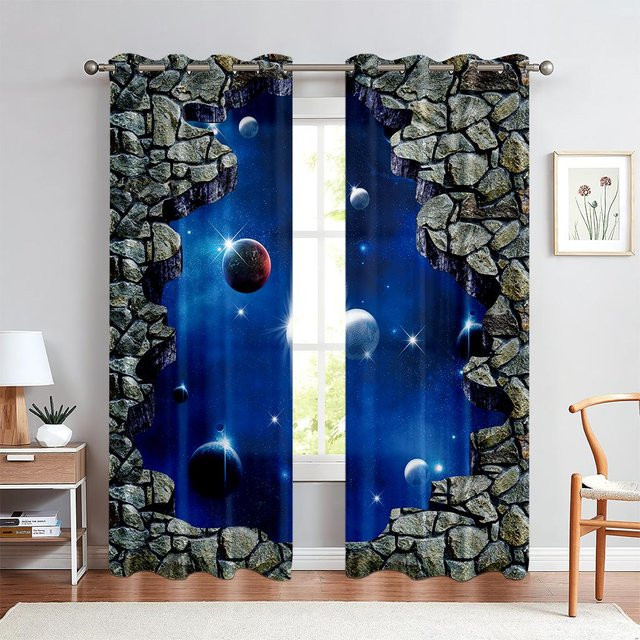 Yiran Furniture Dekorative Vorhänge mit Sternenhimmel und Mondnachtansicht in Blau, 2er-Set, B: 50 cm, H: 140 cm - Bild 1