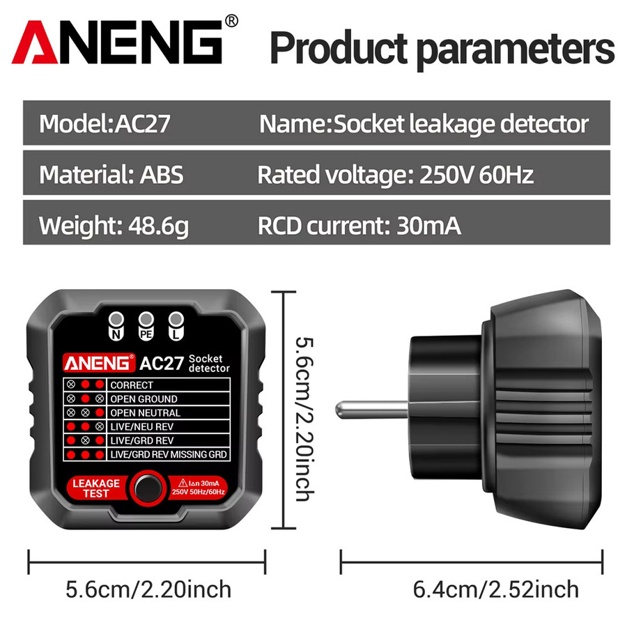 ANENG AC27 Intelligenter Spannungs-Steckdosentester für Erdungs-, Null-, Polaritäts- und Phasenprüfung mit EU/US-Stecker - Bild 6