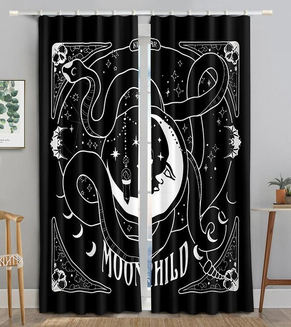 Yiran Furniture Vorhang mit Hexenhaft-Gothischer Ästhetik und Natur-Motiv, Schwarz, B: 55 cm, H: 120 cm, 2er-Set mit Ösen - Bild 1