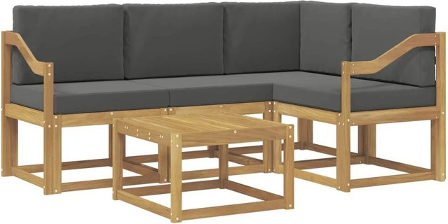 vidaXL Outdoor-Sofagarnitur in L-Form aus Akazienholz mit Kissen und Couchtisch, 5-teiliges Gartenmöbel-Set, Weiß, Anthrazit und Grau - Bild 1