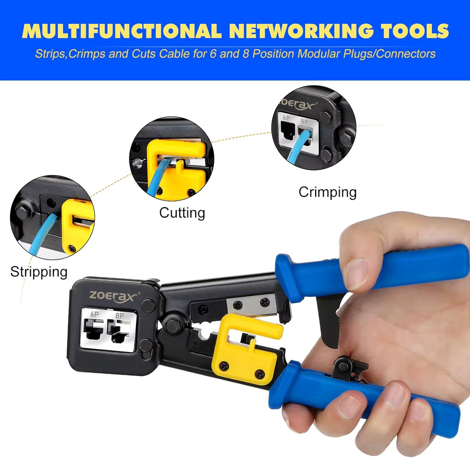 ZoeRax RJ45 Crimper Handnetzwerkwerkzeug Set in Blau für Cat6/5e/5 Kabel mit Abisolier- und Pressfunktion - Bild 2