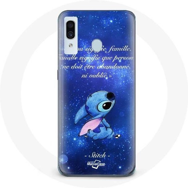 Samsung Galaxy A20e Schutzhülle mit Stitch Ohana Zitat in Schwarz und Blau - Bild 1