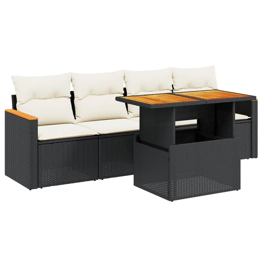 vidaXL 5-teilige Garten-Sofagarnitur aus Polyrattan und Akazienholz in Schwarz mit Kissen - Bild 2