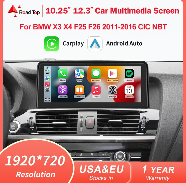 Road Top Drahtloser Carplay und Android Auto Multimedia-Player für BMW X3 X4 F25 F26 CIC NBT, Display 1920 x 720, Schwarz - Bild 1