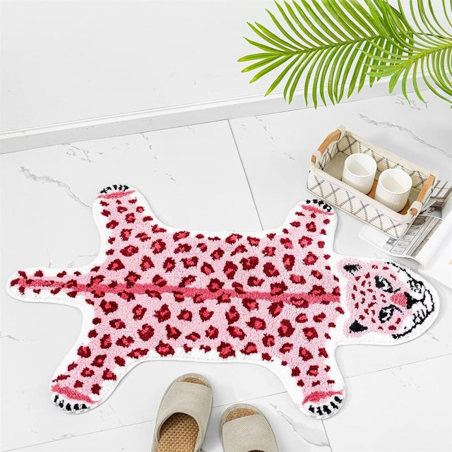 VIKAMA Teppich mit Leopardenmuster und Pfoten-Design in Rosa für Wohnzimmer und Schlafzimmer - Bild 1