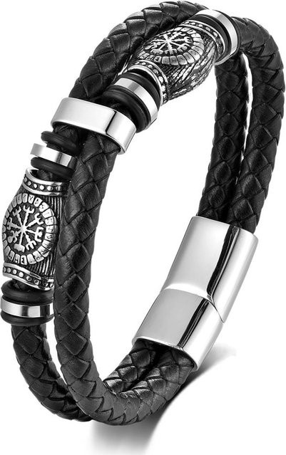 YULIN Armband Herren, Edelstahl, Leder, Schwarz, 21cm - Bild 1