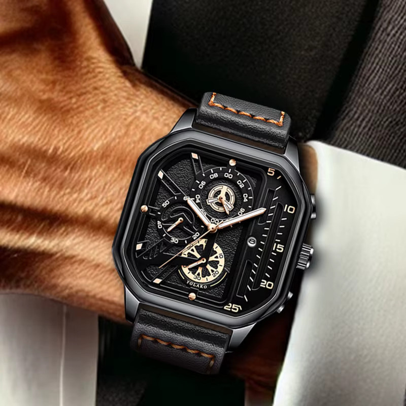 CAROTIF Armbanduhr Quarz, schwarzes Gehäuse, schwarzes Leder, Herren - Bild 3