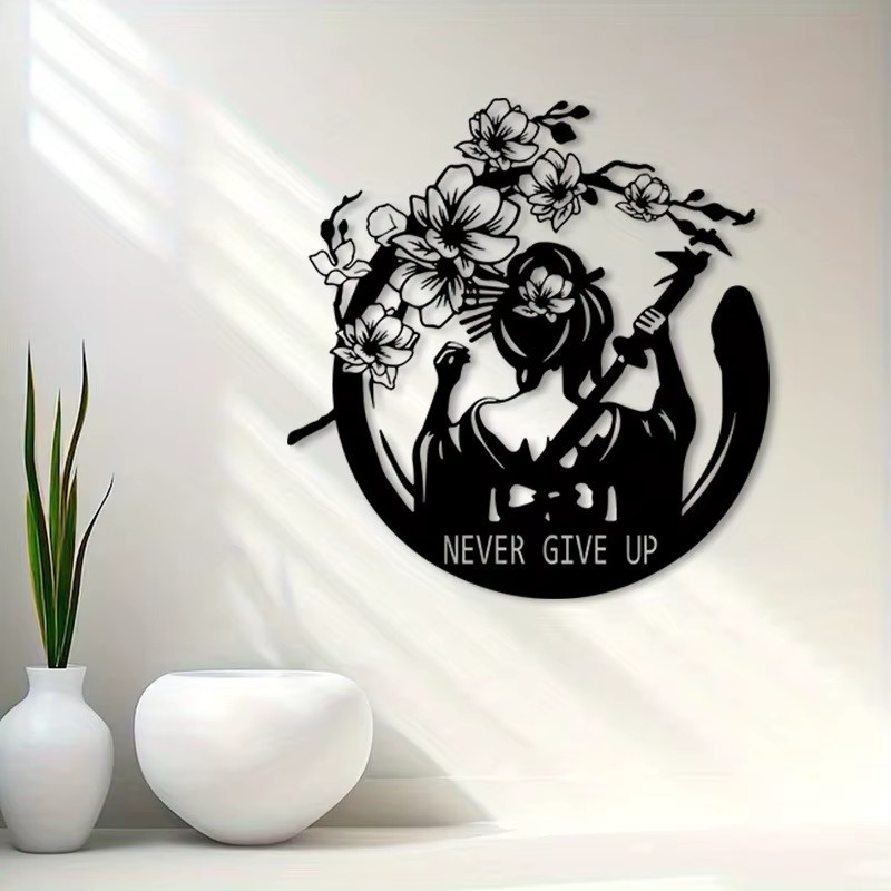 CIFBUY Vintage Metall-Wandkunst Geisha mit Sakura-Blüten und Never Give Up Zitat in Schwarz - Bild 2