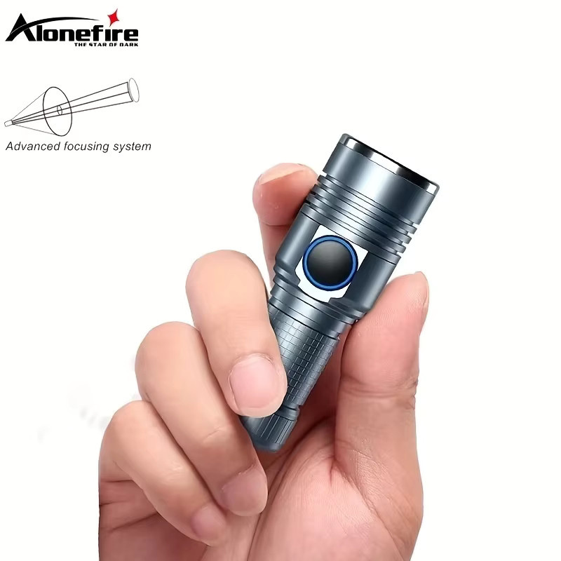 Alonefire Zoom Mini Hochleistungs-Taschenlampe aus Aluminium, USB wiederaufladbar, Farbe: Silber - Bild 3