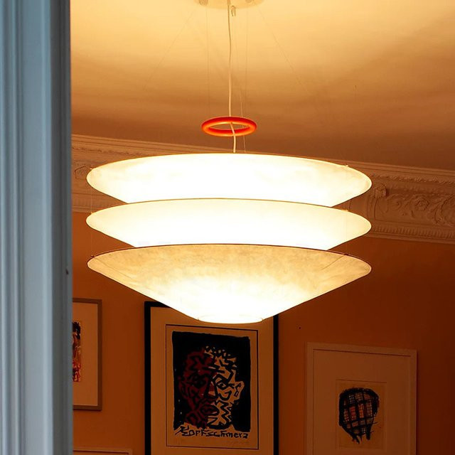 Wabi Sabi Designer Pendelleuchte aus Papier und Metall in Weiß mit warmweißem LED-Licht für Wohnzimmer und Restaurant - Bild 1