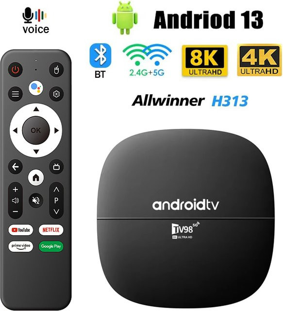 CLIBABIQBOX TV98 ATV H313 Smart Android 13 TV-Box mit Dual-WLAN, 4G/5G, Bluetooth 5.0 und Sprachsteuerung in Schwarz - Bild 1