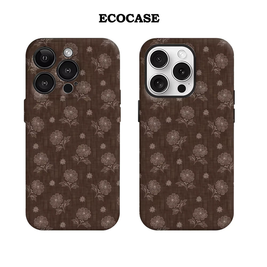 Handyhülle mit brauner Blumenstickerei für Apple iPhone 11 bis iPhone 17 Pro Max Plus mit doppelschichtiger Rückseite - Bild 2