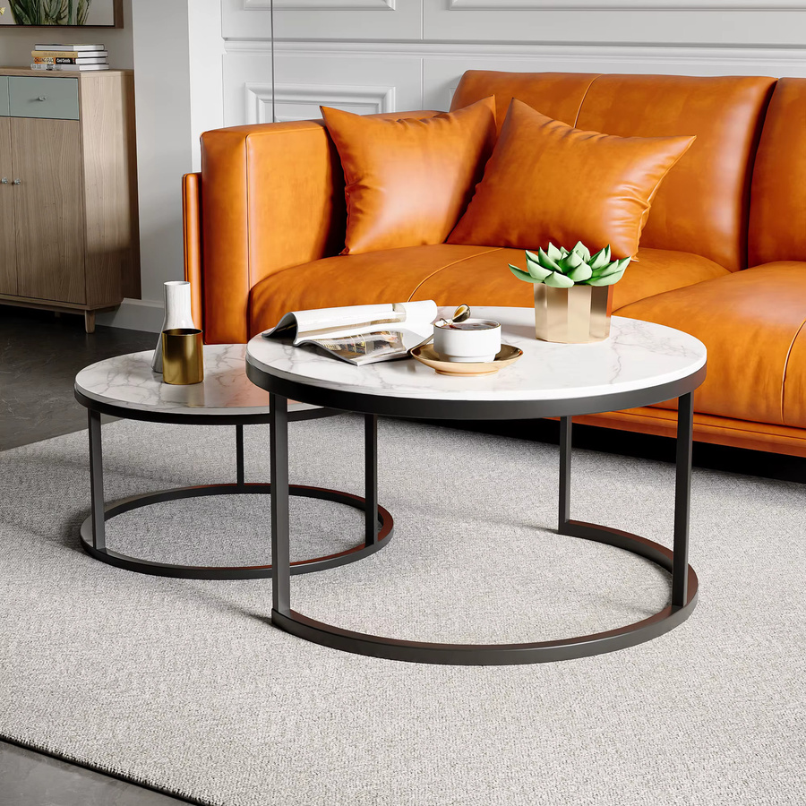 Superaly 2er-Set Runde Couchtische im modernen Design mit weißem Marmor-Look und schwarzem Metallgestell - Bild 3