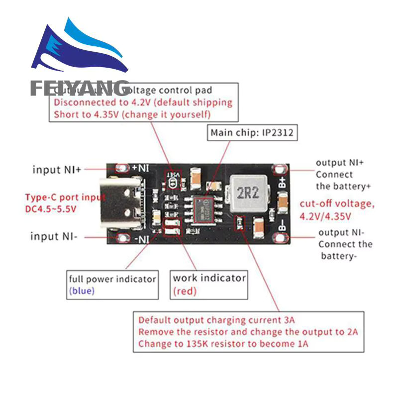 LAUBEI IP2312 Schnellladeplatine für Polymer Ternäre Lithiumbatterien mit USB-C Eingang, 3A Hochstrom, CC/CV-Modus, 5V bis 4,2V, Schwarz - Bild 3