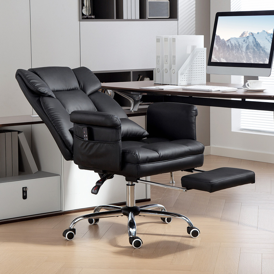 HOMCOM Bürostuhl mit 6 Vibrations-Massagepunkten, ergonomischer Schreibtischstuhl mit einziehbarer Fußstütze und Lendenstütze, höhenverstellbar und drehbar, Schwarz, PU-Leder, Aosom - Bild 2
