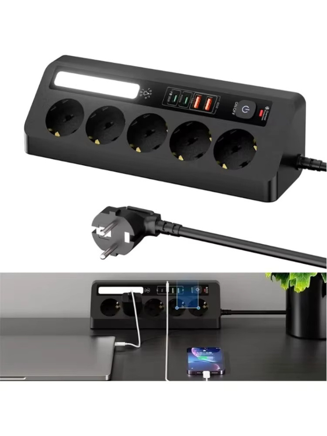 Wandmontierte Tisch-Ecksteckdose in Schwarz mit 5 Steckdosen, 2 USB-C-Anschlüssen und 90 Grad Dreieckdesign - Bild 8