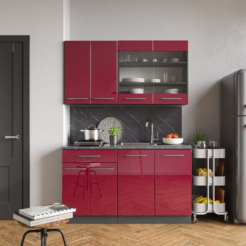 Vicco Singleküche Fame-Line Küchenzeile in Bordeaux Hochglanz und Anthrazit mit Marmor-Optik, Breite: 140 cm - Bild 1