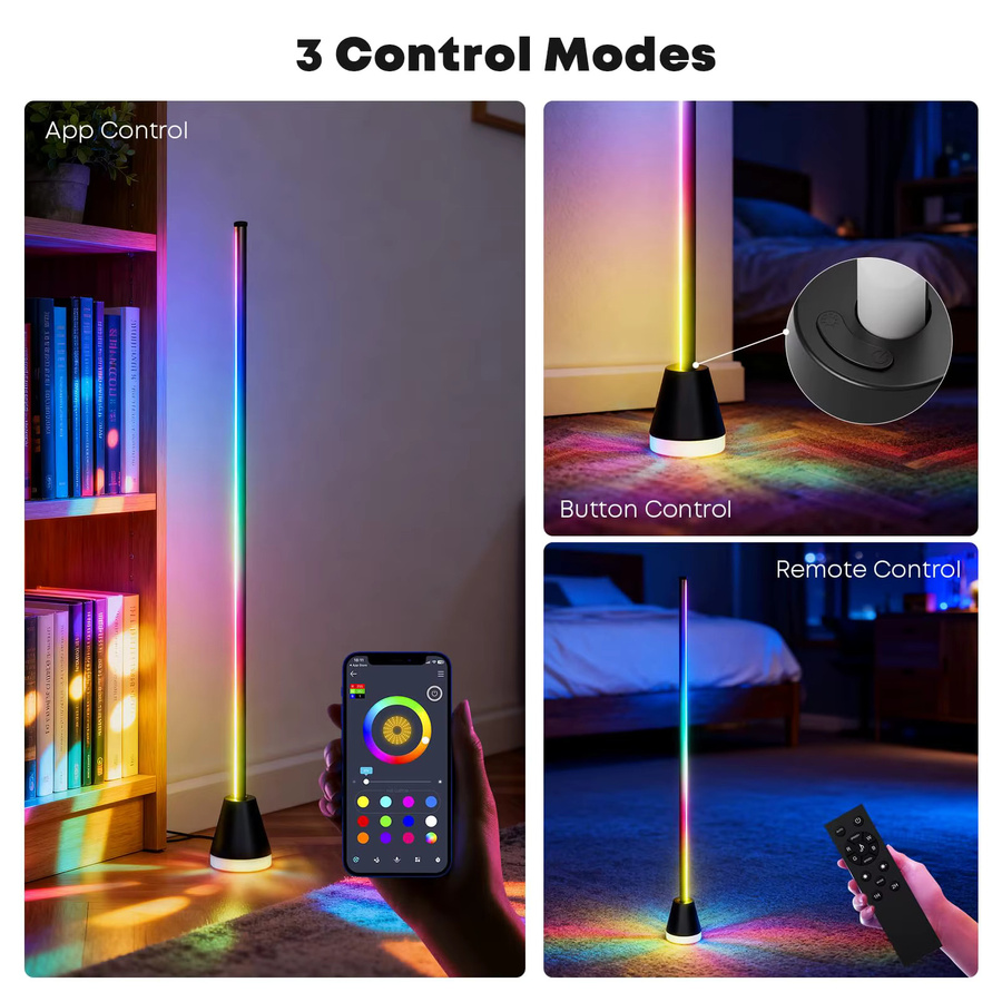 LQWELL RGBIC LED Stehlampe in Schwarz, Smart Ecklampe mit 16 Millionen Farben, dimmbar via App und Fernbedienung, Musikmodus und Timer, Höhe: 150 cm - Bild 4