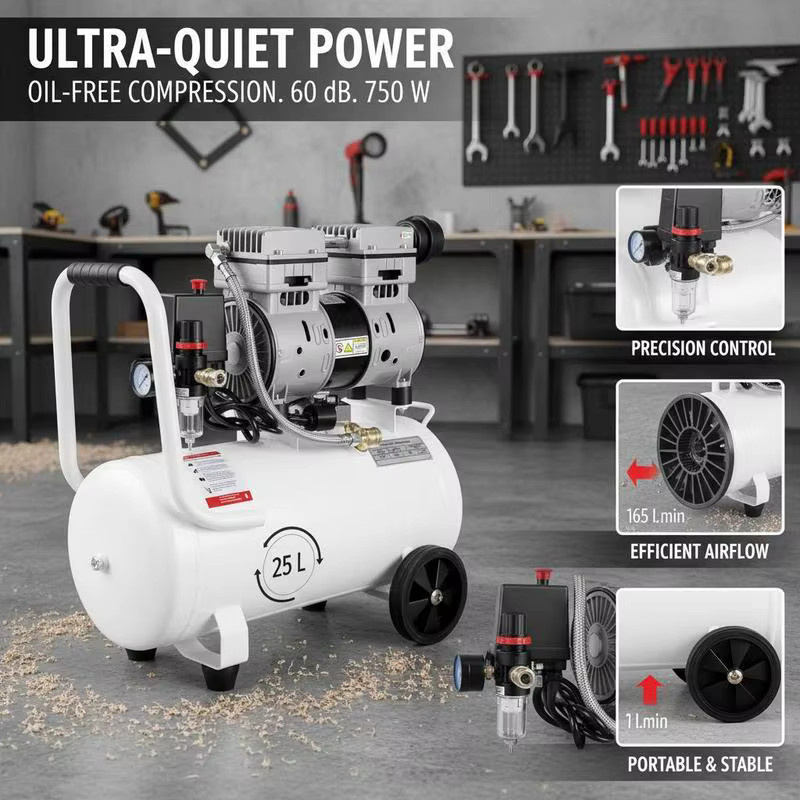 Leiser ölfreier Flüsterkompressor 25L mit 750W und 165L/min Abluftvolumen in Rot-Weiß - Bild 6