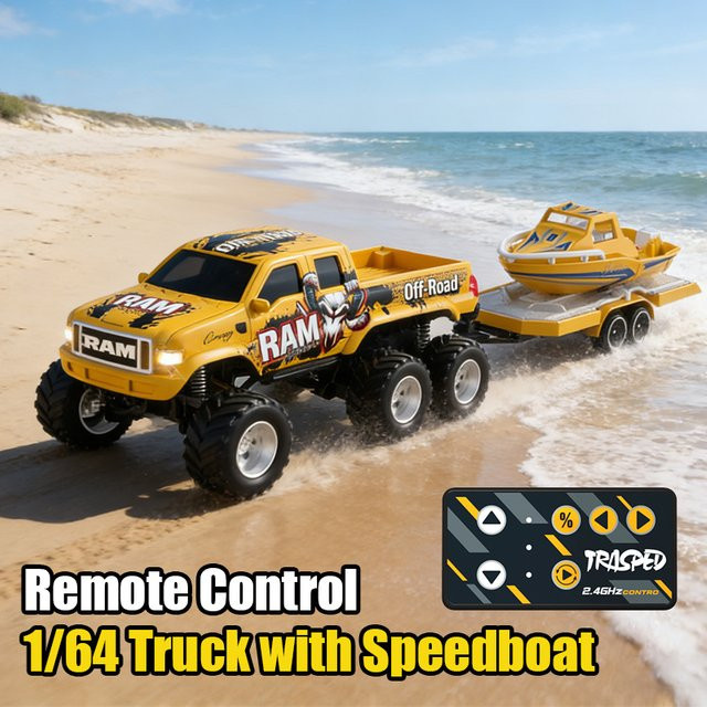 CONUSEA RC Mini-Legierungs-Offroad-Pickup mit Speedboot, ferngesteuertes Auto, 1:64, Gelb - Bild 1