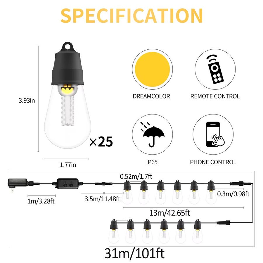 S14 DIY-Lichterkette Außenleuchten mit Fernbedienung und 3 Modi für Terrasse, Garten und Weihnachten in Vintage-Optik - Bild 4