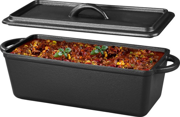 GRILLMEISTER Dutch Oven Kastenform mit Deckel und Grill-Wok aus Gusseisen in Schwarz