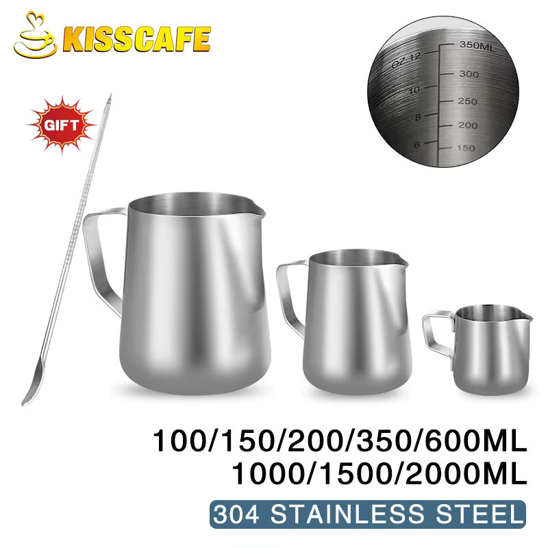 Milchaufschäumer Krug aus Edelstahl von ALIKISSCAFE in Silber, erhältlich in 100 ml, 350 ml und 600 ml, Barista Zubehör für Latte und Espresso - Bild 2