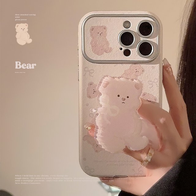 MUQGEW Handyhülle mit Cartoon-Bär und großem Fenster in Pink für iPhone 11 bis iPhone 16 Pro Max mit Lederstruktur und Objektiv-Schutz - Bild 1
