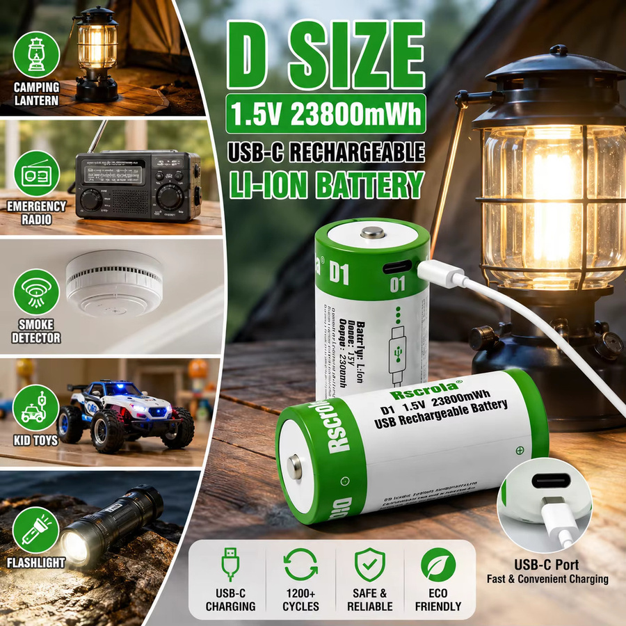 Rscrola Wiederaufladbarer USB-C Lithium-Ionen-Akku D-Größe, 1,5 V, 23800 mWh - Bild 3