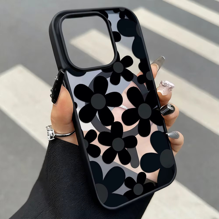 Schwarze iPhone Schutzhülle mit Blumen-Design, kabellose Ladefunktion und Trageschlaufe für Apple iPhone 11 bis iPhone 17 Pro Max - Bild 5