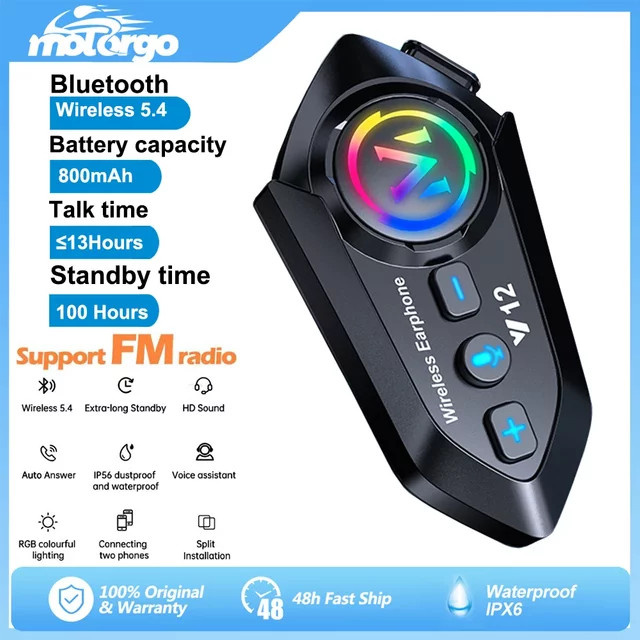 Velev Bluetooth 5.4 Helm-Headset Schwarz: Wasserdichtes kabelloses Freisprechsystem für Motorräder mit MP3-Musikplayer und Lautsprechern - Bild 1