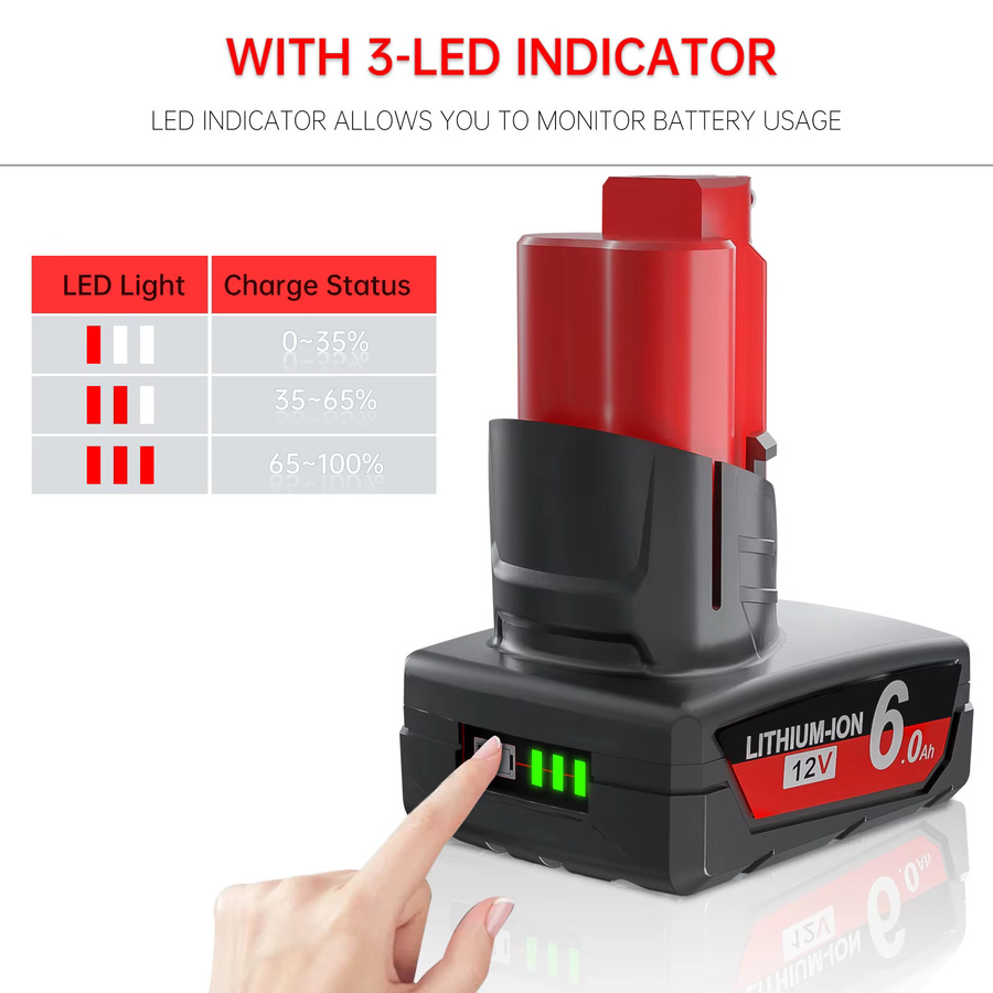 Milwaukee Ersatzakku 12V 6000mAh mit LED-Licht für M12 Werkzeuge, Farbe: Rot - Bild 2