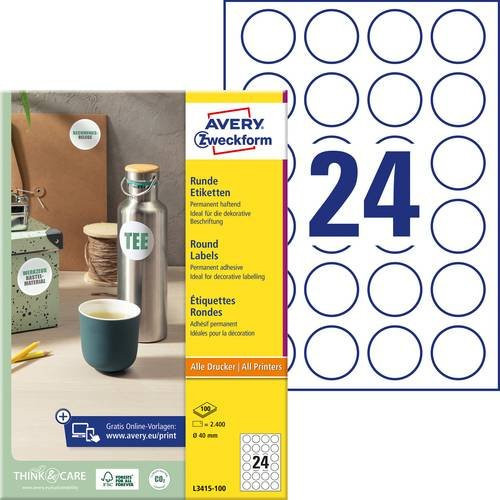 Avery Zweckform Universal-Etiketten L3415-100, rund, Ø 40 mm, weiß, Papier, 2400 Stück, A4, FSC-zertifiziert - Bild 1
