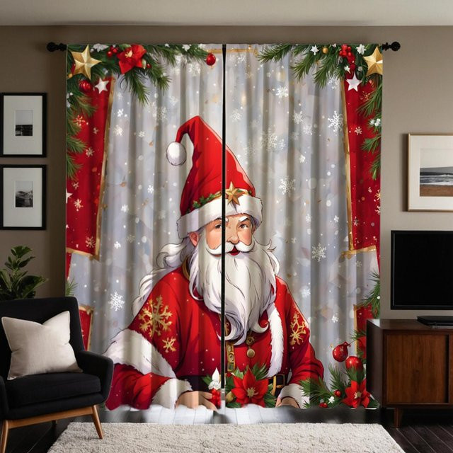 2er-Set Weihnachts Vorhänge mit Weihnachtsmann-Motiv in Rot und Weiß, Breite: 132 cm, Höhe: 160 cm - Bild 1
