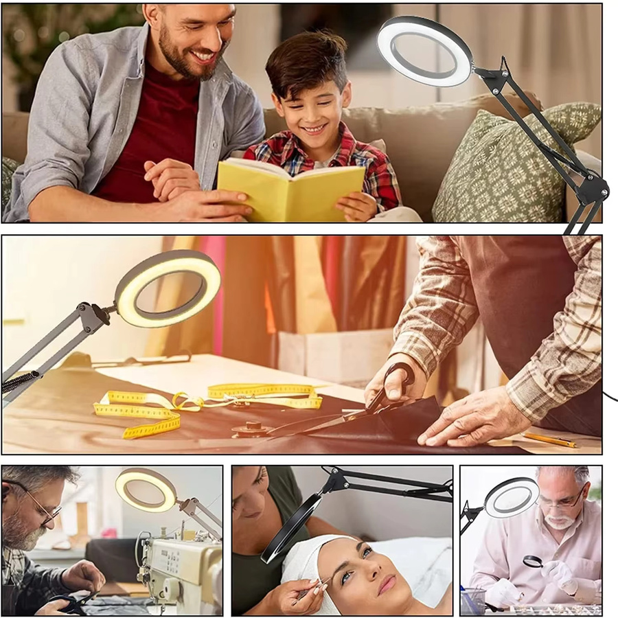 DBF 8-fache Lupe mit Licht und Ständer, dimmbare 2-in-1 Schreibtischlampe mit verstellbarem Schwenkarm und Klemme für Bastelarbeiten, Lesen und Reparaturen - Bild 5
