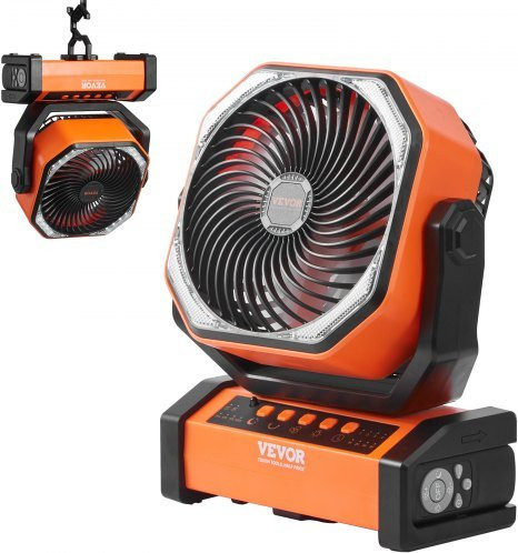 VEVOR Tragbarer Akku-Ventilator mit LED-Laterne, 4 Geschwindigkeiten, automatischer Schwenkfunktion und Timer, USB-betrieben für Camping, Home und Office, Durchmesser: 228,6 mm - Bild 1