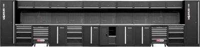 KS Tools Werkstattsystem freistehend in Schwarz mit Edelstahlplatte, MDF-Kern und integrierter LED-Beleuchtung sowie Steckdosen und Werkstattwagen-Set - Bild 1
