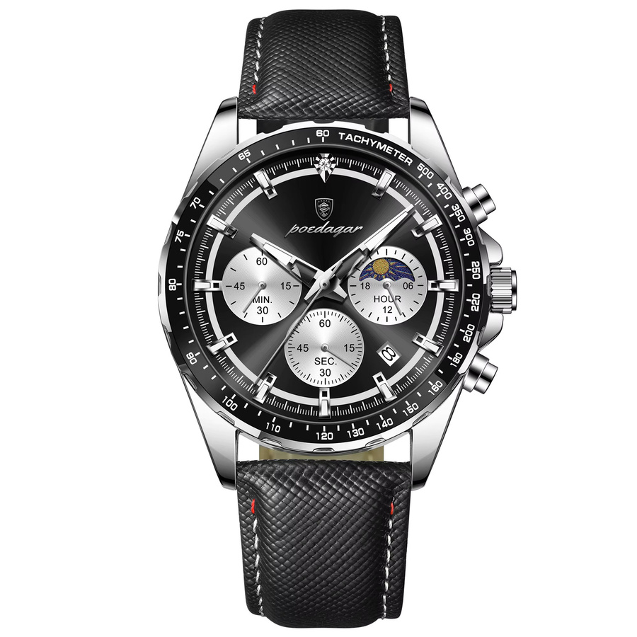 POEDAGAR Armbanduhr Chronograph, Quarz, Leder, Schwarz, Herren - Bild 7